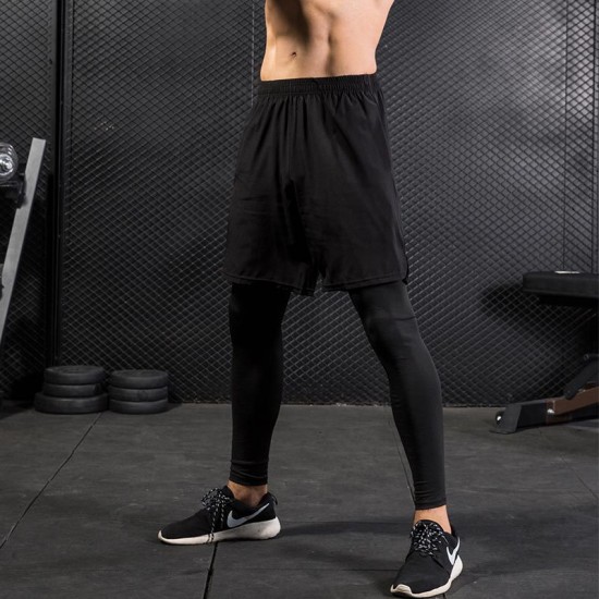 Men's Tights Fake Two-piece Fitness Sports Running Training Amazon Casual Stretch Quick-drying Trousers 7010