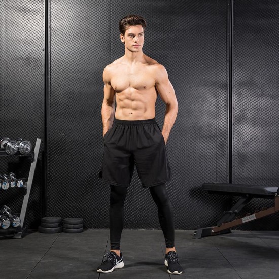 Men's Tights Fake Two-piece Fitness Sports Running Training Amazon Casual Stretch Quick-drying Trousers 7010