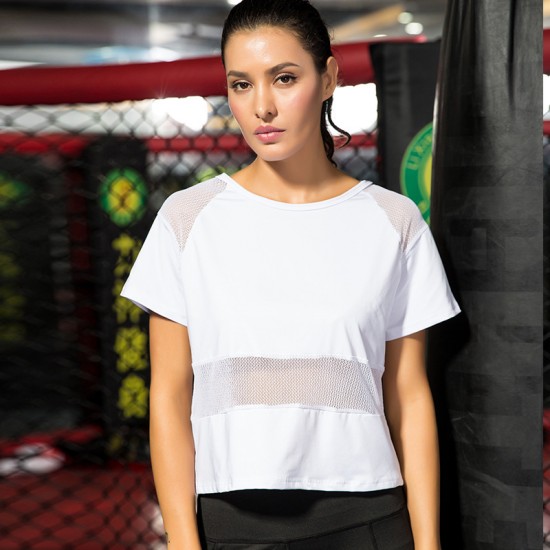 Women's mesh and gauze patchwork yoga wear, loose casual running and fitness wear, quick-drying and breathable sports smock 2021 Women's mesh and gauze patchwork yoga wear, loose casual running and fitness wear, quick-drying and breathable sports smock 2021