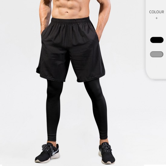 Men's Tights Fake Two-piece Fitness Sports Running Training Amazon Casual Stretch Quick-drying Trousers 7010