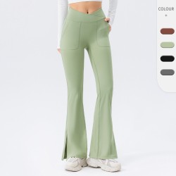 European and American nude yoga flared pants, women's crossed high-waisted, hip-lifting, wide-leg pants, breathable fitness and sports long pants 42309