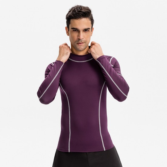 Men's fitness long-sleeved high-elasticity tight quick-drying clothes, running training wear, high-neck color-blocked sports top 01506