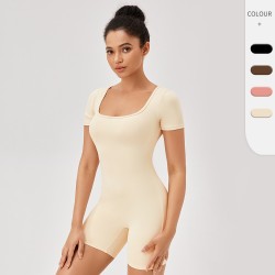 Women's nude yoga jumpsuit, European and American square neck tight quick-drying fitness sports jumpsuit, short sleeve 42244