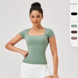 Women's spring and summer square-neck sports short-sleeved, slimming, tight, quick-drying running and fitness T-shirt, nude and breathable yoga wear top