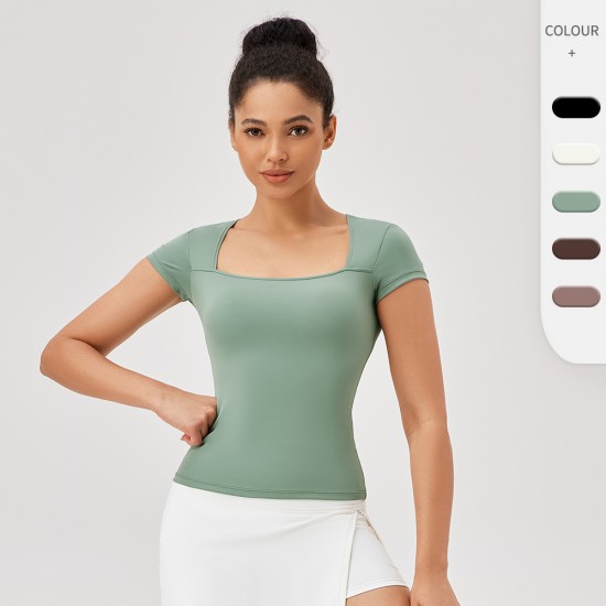 Women's spring and summer square-neck sports short-sleeved, slimming, tight, quick-drying running and fitness T-shirt, nude and breathable yoga wear top