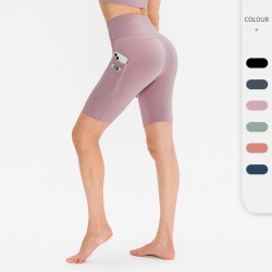 Women's tight double-pocket fitness yoga shorts, high-waists running elastic quick-drying exercise 5-minute shorts 12424