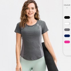 Women's Tight Yoga Short Sleeve Crew Neck Sports T-shirt Mesh Breathable High Elastic Quick-drying Running Fitness Clothing 02216