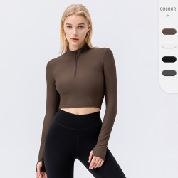 European and American yoga wear, women's high-waisted stand-up collar, zipped long-sleeved yoga coat, tight, slimming, high-elasticity sports and fitness wear