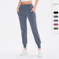 Women's loose sports pants, tight-fitting casual running, fitness training, elastic high-waisted pocket yoga long pants 12363