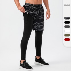 Men's camouflage sports long pants fake two pairs of double-layer multi-pocket high-elasticity quick-drying sweat-wicking casual fitness pants D13050