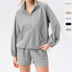 Autumn sportswear and casual set: Women's loose stand-up collar jacket, hoodie, running shorts, quick-drying fitness two-piece set