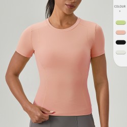 Women's European and American running yoga wear, short-sleeved nude quick-drying sports top, round-neck tight fitness T-shirt 52251