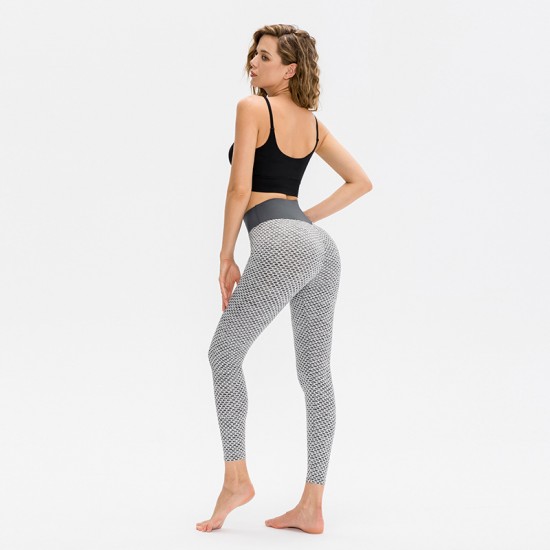European and American peach-hip honeycomb yoga pants, women's high-waisted, height-lifting, pleated, tight, quick-drying sports and fitness pants 12351