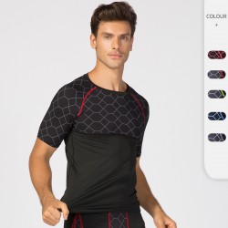 Men's fitness short-sleeved printed patchwork sports running training sweat-wicking quick-drying high-elasticity tight clothes 4003