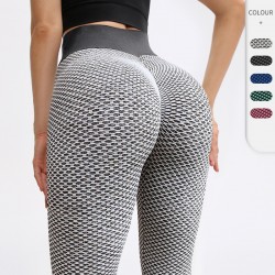 European and American peach-hip honeycomb yoga pants, women's high-waisted, height-lifting, pleated, tight, quick-drying sports and fitness pants 12351