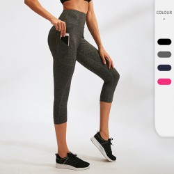 Women's yoga pants, pocket fitness running sports, elastic quick-drying pants, high-waisted, height-lifting tight 3/4 pants 92303