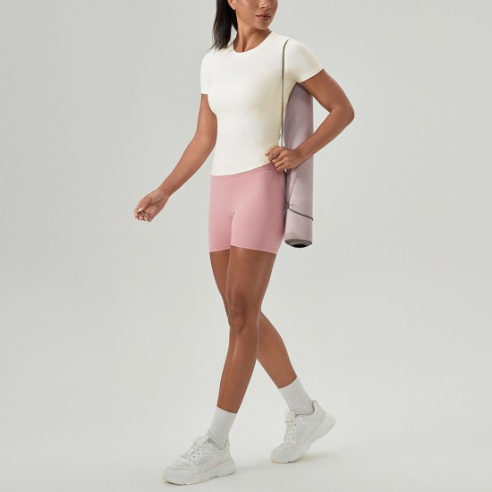 Women's European and American running yoga wear, short-sleeved nude quick-drying sports top, round-neck tight fitness T-shirt 52251