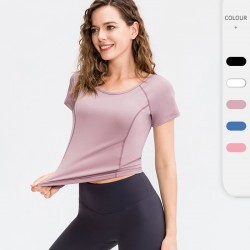 Women's fitness short-sleeved round-neck tight-fitting quick-drying sports T-shirt, elastic running high-waisted yoga wear top 02215
