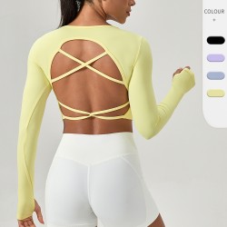 European and American tight-fitting long-sleeved yoga wear with chest pads, crossed beautiful back sports top, quick-drying running and fitness wear 52560