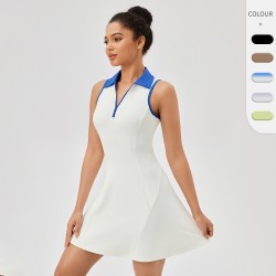 European And American Lapel Conjoined Tennis Skirt Women's Quick-drying Breathable Waist Contrast Color Sports Leisure Fitness Dress 42157