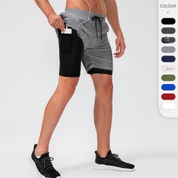 Men's double-layer fake two-piece fitness shorts with headphone jack, loose quick-drying running training sport pants D13014