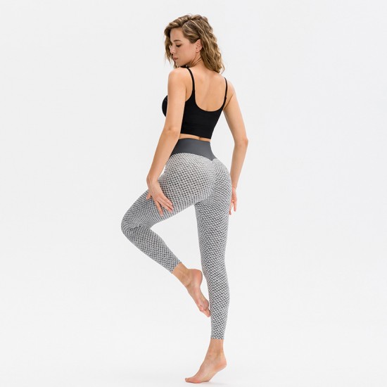 European and American peach-hip honeycomb yoga pants, women's high-waisted, height-lifting, pleated, tight, quick-drying sports and fitness pants 12351