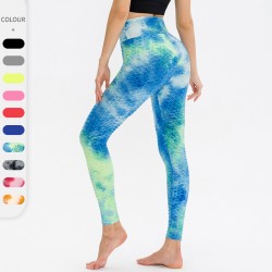 Women's sports yoga pleated pants, tie-dyed high-waisted, hip-lifting bubble pants, tight quick-drying, breathable fitness long pants 12346