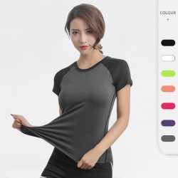 Ladies' yoga tight-fitting short-sleeved fitness running exercise training quick-drying elastic two-tone round-neck T-shirt 2053