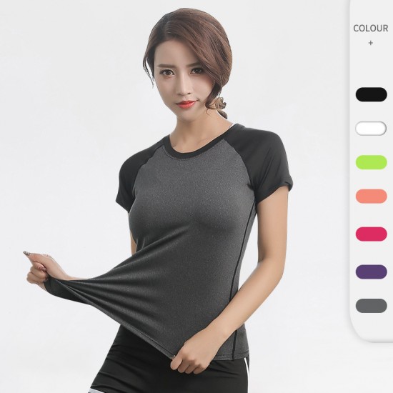 Ladies' yoga tight-fitting short-sleeved fitness running exercise training quick-drying elastic two-tone round-neck T-shirt 2053 Ladies' yoga tight-fitting short-sleeved fitness running exercise training quick-drying elastic two-tone round-neck T-shirt 2053