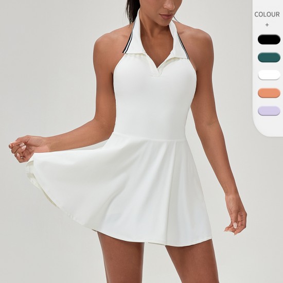 European And American Outdoor Sports Tennis Skirt Women's Neck Fitness Jumpsuit Color Lapel Golf Skirt 52174