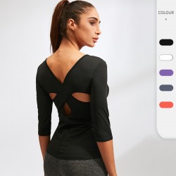 Women's yoga wear, fitness running, sports dancing, tight quick-drying top, crossed mid-length sleeve 92501