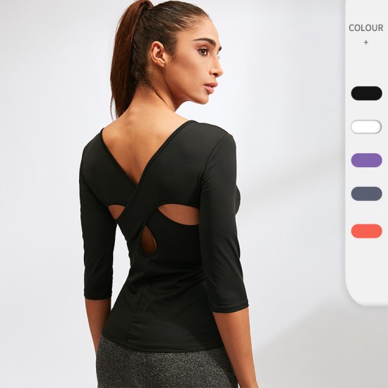 Women's yoga wear, fitness running, sports dancing, tight quick-drying top, crossed mid-length sleeve 92501 Women's yoga wear, fitness running, sports dancing, tight quick-drying top, crossed mid-length sleeve 92501