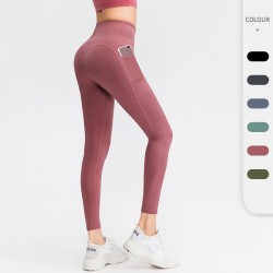 Women's nude yoga pants, high-waisted, hip-lifting, pocket-sized tight sports pants, high-elasticity quick-drying fitness pants 02336